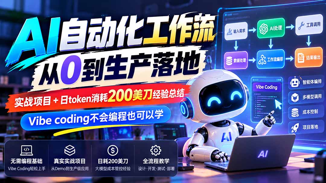 【无水印】AI自动化工作流从0到生产落地，实战项目+日token消耗200美刀经验总结，Vibe coding不会编程也可以学-91副业网