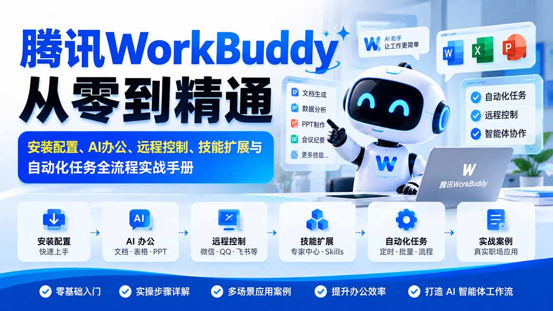 腾讯WorkBuddy从零到精通：安装配置、AI办公、远程控制、技能扩展与自动化任务全流程实战手册-91副业网