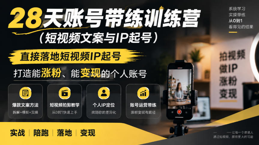 28天账号带练训练营(短视频文案与IP起号)，直接落地短视频IP起号，打造能涨粉、能变现的个人账号-91副业网