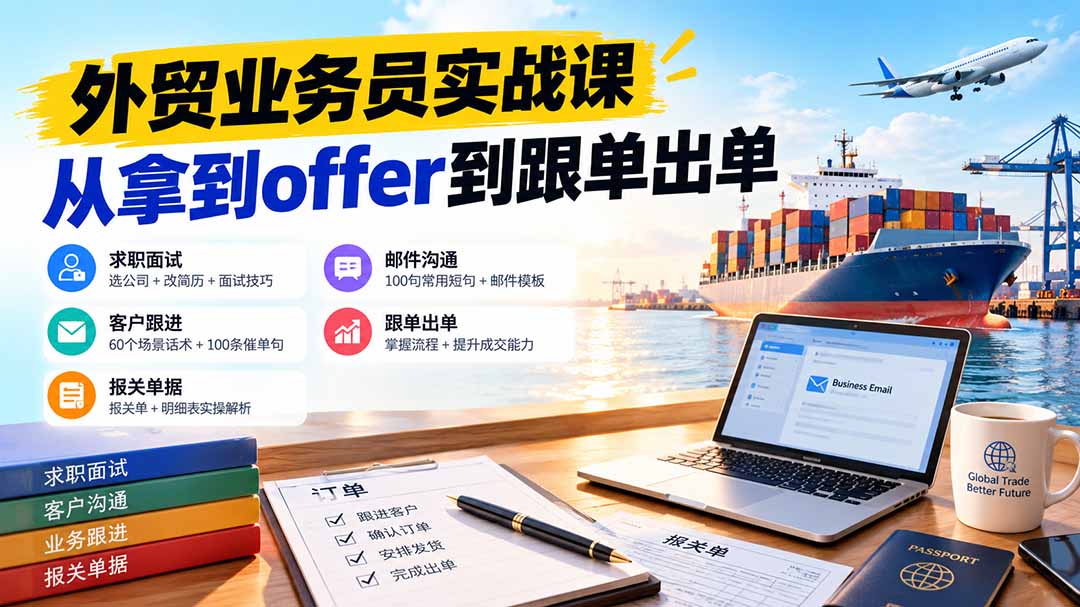 外贸业务员从求职到出单实战课：教你筛选优质公司、优化简历、应对面试、客户跟进催单及出口报关操作篇-91副业网