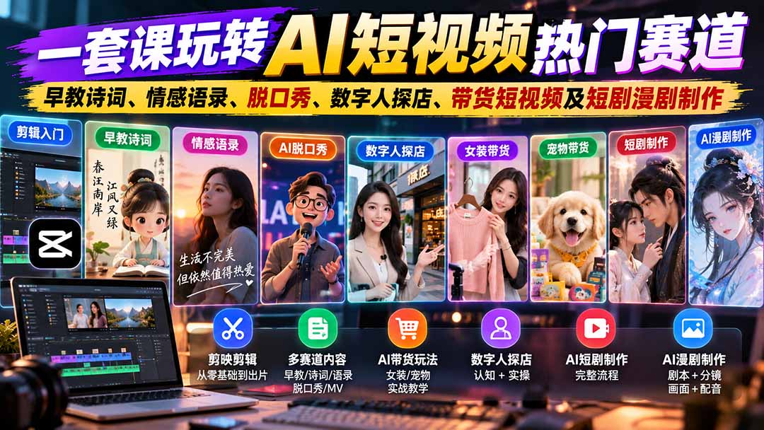 一套课玩转AI短视频热门赛道：早教诗词、情感语录、脱口秀、数字人探店、带货短视频及短剧漫剧制作  复制标题-91副业网