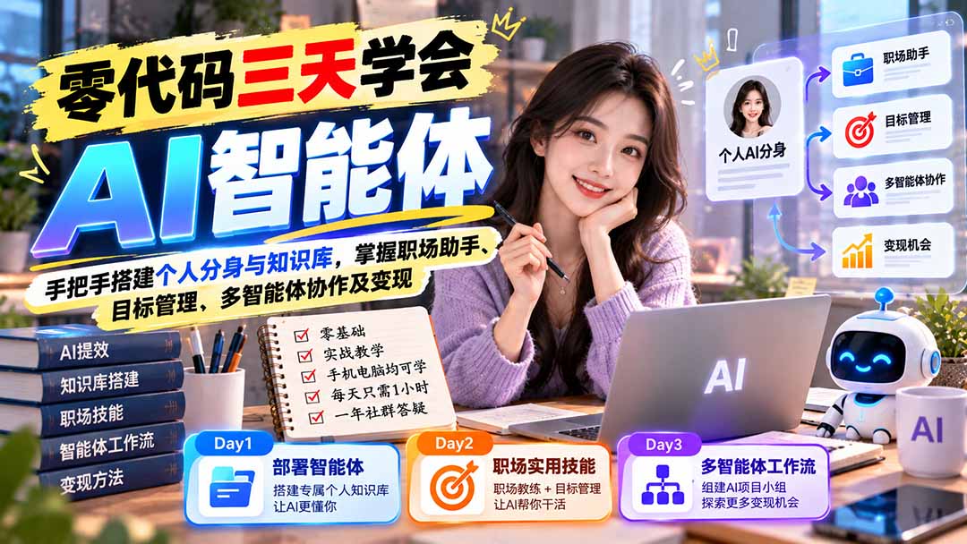 【无水印】零代码三天学会AI智能体：手把手搭建个人分身与知识库，掌握职场助手、目标管理、多智能体协作及变现-91副业网