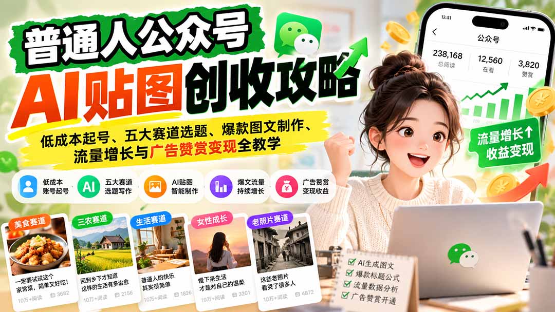 普通人公众号AI贴图创收攻略：低成本起号、五大赛道选题、爆款图文制作、流量增长与广告赞赏变现全教学-91副业网