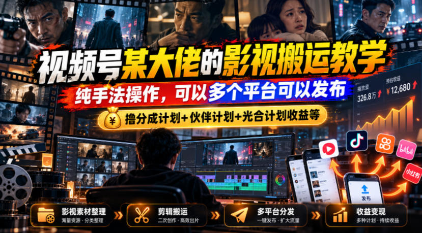 视频号某大佬的影视搬运教学，纯手法操作，可以多个平台可以发布，撸分成计划+伙伴计划+光合计划收益等-91副业网