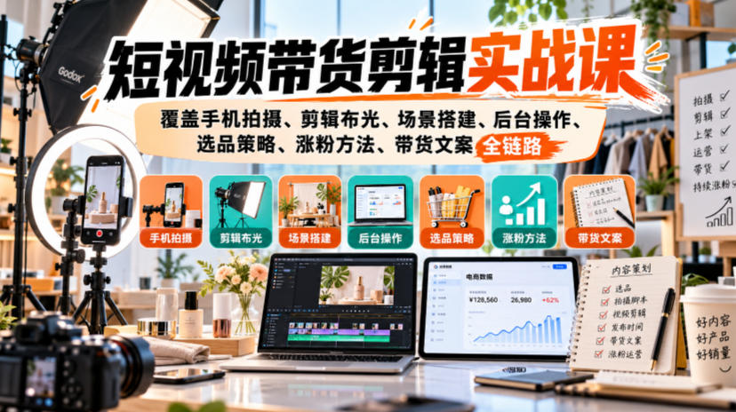 短视频带货剪辑实战课，覆盖手机拍摄、剪辑布光、场景搭建、后台操作、选品策略、涨粉方法、带货文案全链路-91副业网