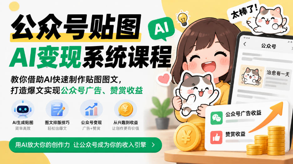 公众号贴图AI变现系统课程｜教你借助AI快速制作贴图图文，打造爆文实现公众号广告、赞赏收益-91副业网
