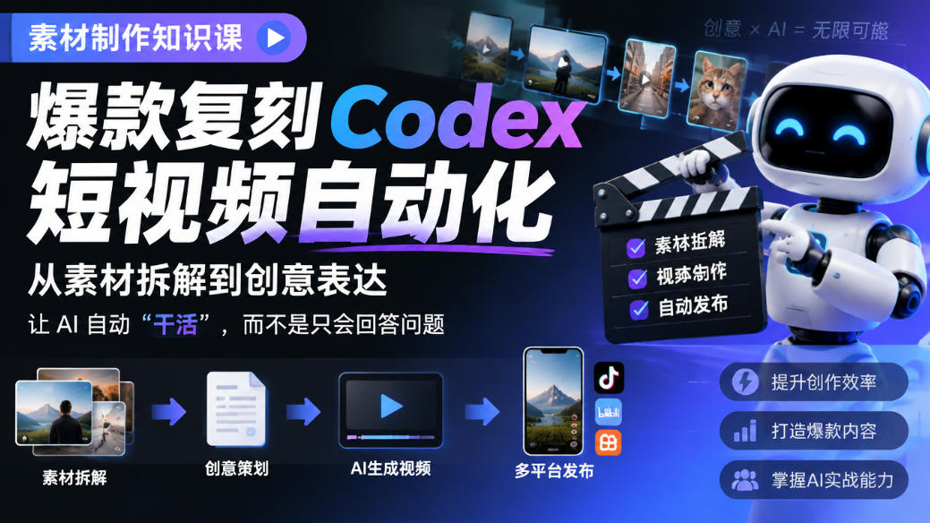 素材制作知识课，爆款复刻Codex短视频自动化，从素材拆解到创意表达，让AI自动“干活”，而不是只会回答问题-91副业网