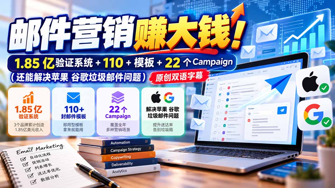 邮件营销赚大钱!1.85亿验证系统+110+模板+22个Campaign(还能解决苹果 谷歌垃圾邮件问题-91副业网