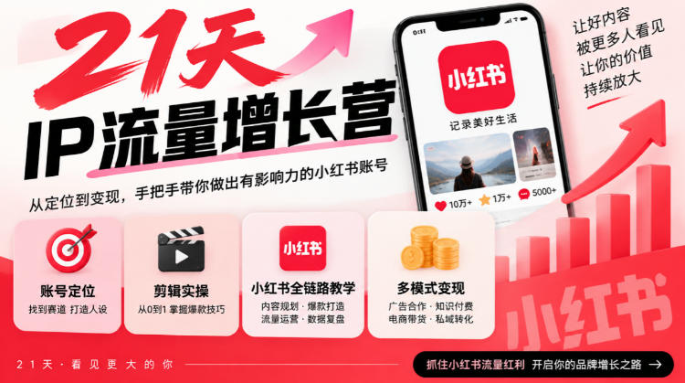 21天IP流量增长营,小红书全链路教学,账号定位剪辑实操,多模式变现系统课-91副业网
