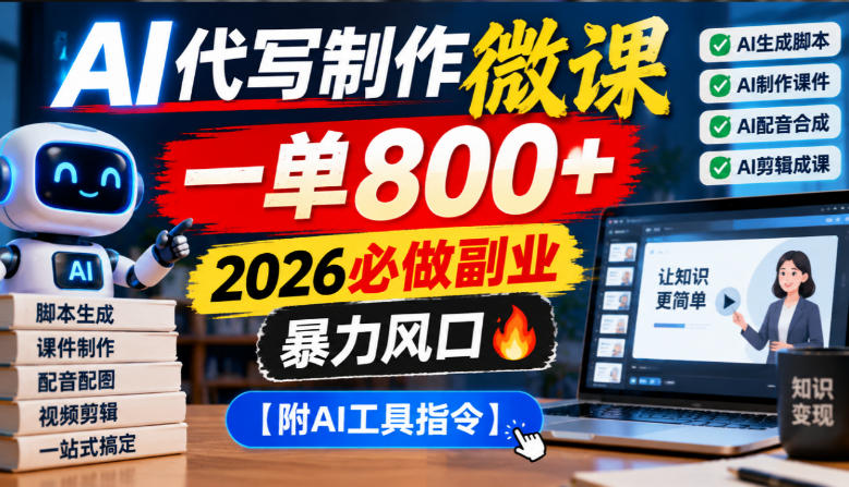 AI代写制作微课,一单800+,2026必做副业,暴力风口【附AI工具指令】【揭秘】-91副业网