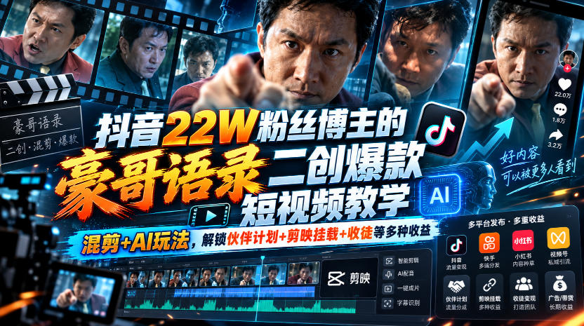 抖音22W粉丝博主的豪哥语录二创爆款短视频教学,混剪+AI玩法,解锁伙伴计划+剪映挂载+收徒等多种收益-91副业网