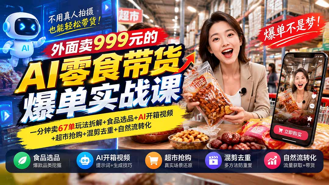 外面卖999元的AI零食带货爆单实战课｜一分钟卖67单玩法拆解+食品选品+AI开箱视频+超市抢购+混剪去重+自然流转化-91副业网