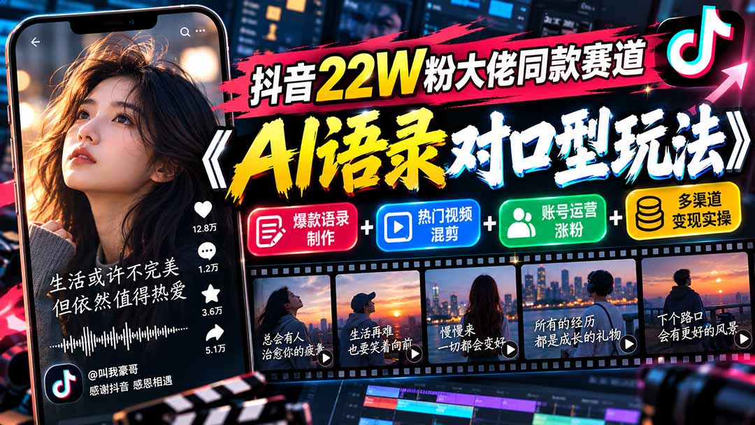 抖音22W粉大佬同款赛道《AI语录对口型玩法》：爆款语录制作+热门视频混剪+账号运营涨粉+多渠道变现实操-91副业网