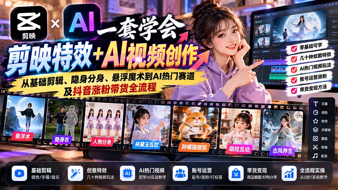 一套学会剪映特效+AI视频创作：从基础剪辑、隐身分身、悬浮魔术到AI热门赛道及抖音涨粉带货全流程-91副业网