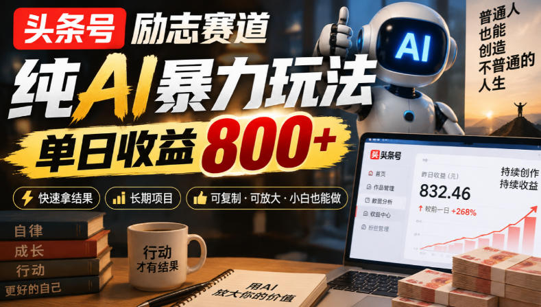 头条号励志赛道,纯AI暴力玩法,单日收益800+,快速拿结果,长期项目-91副业网