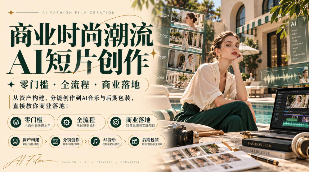 商业时尚潮流AI短片创作｜零门槛・全流程・商业落地，从资产构建、分镜创作到AI音乐与后期包装，直接教你商业落地！-91副业网