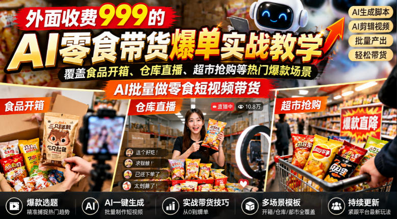 外面收费999的AI零食带货爆单实战教学，覆盖食品开箱、仓库直播、超市抢购等热门爆款场景，AI批量做零食短视频带货-91副业网