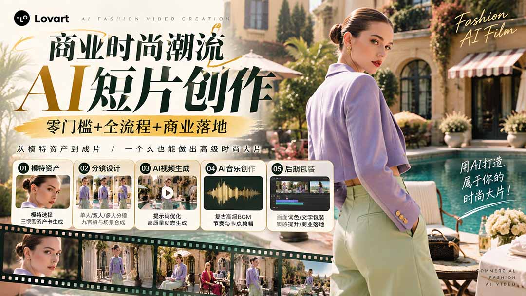 从一张模特图到高级时尚广告大片：AI三视图资产、场景合成、电影分镜、动态生成与复古音乐剪辑实战课-91副业网