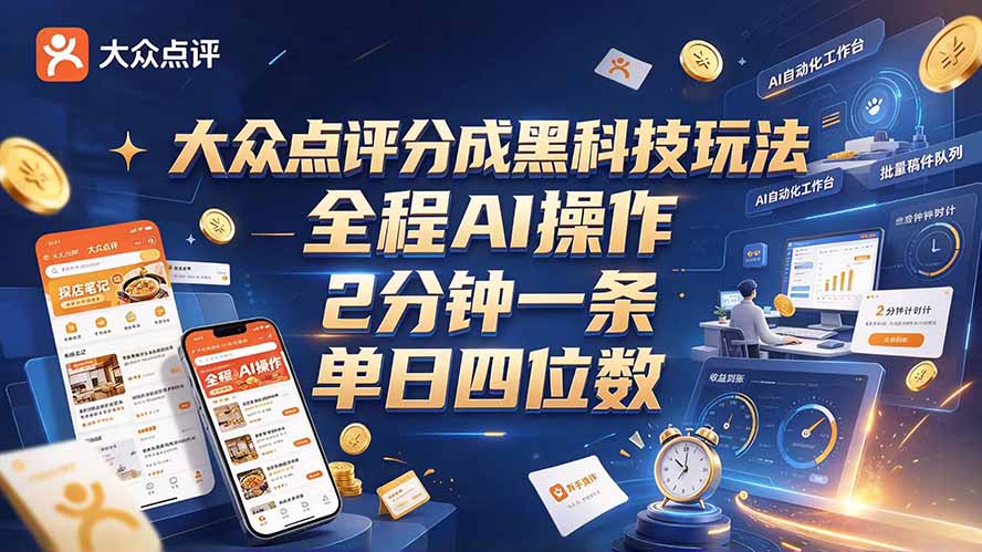 大众点评分成全网独家玩法，AI 全自动出内容，2 分钟一条，小白可冲单日四位数-91副业网