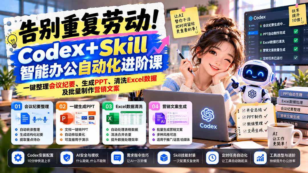 告别重复劳动！Codex+Skill智能办公自动化进阶课：一键整理会议纪要、生成PPT、清洗Excel数据及批量制作营销文案-91副业网