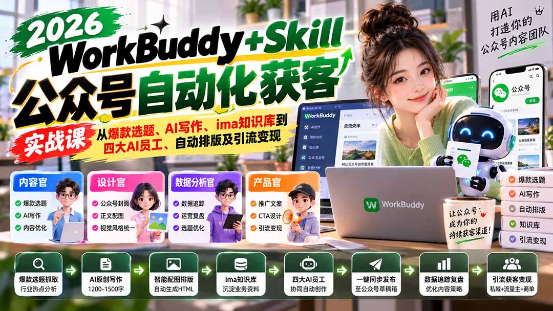 WorkBuddy + Skill公众号自动化获客实战课:从爆款选题、AI写作、ima知识库到四大AI员工、自动排版及引流变现-91副业网
