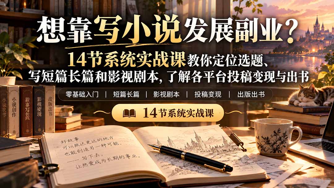 【无水印】想靠写小说发展副业?14节系统实战课教你定位选题、写短篇长篇和影视剧本,了解各平台投稿变现与出书-91副业网