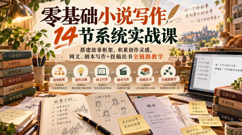 零基础小说写作14节系统实战课,搭建故事框架,积累创作灵感,网文、剧本写作+投稿出书全链路教学-91副业网