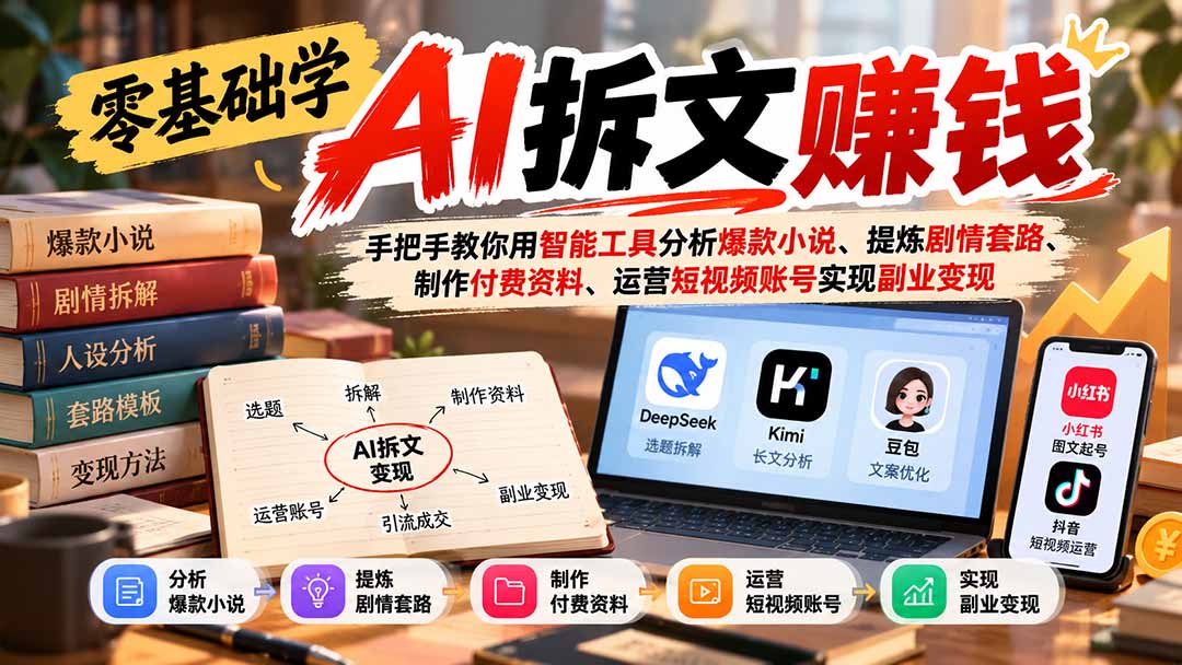 零基础学AI拆文赚钱:手把手教你用智能工具分析爆款小说、提炼剧情套路、制作付费资料、运营短视频账号实现副业变现-91副业网