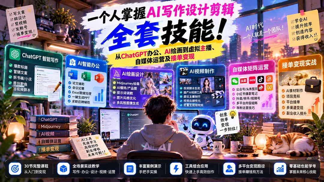 一个人掌握AI写作设计剪辑全套技能：从ChatGPT办公、AI绘画到虚拟主播、自媒体运营及接单变现-91副业网