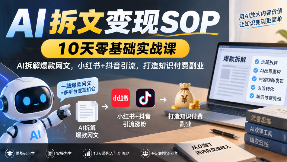 AI拆文变现SOP|10天零基础实战课,AI拆解爆款网文,小红书+抖音引流,打造知识付费副业-91副业网