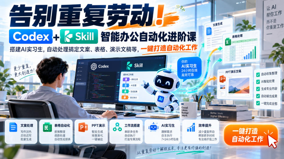 告别重复劳动！Codex+Skill智能办公自动化进阶课｜搭建AI实习生，自动处理搞定文案、表格、演示文稿等，一键打造自动化工作-91副业网