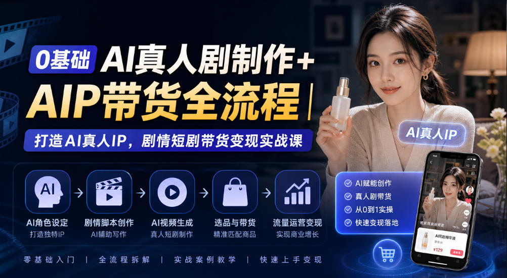 0基础AI真人剧制作+AIP带货全流程｜打造AI真人IP，剧情短剧带货变现实战课-91副业网