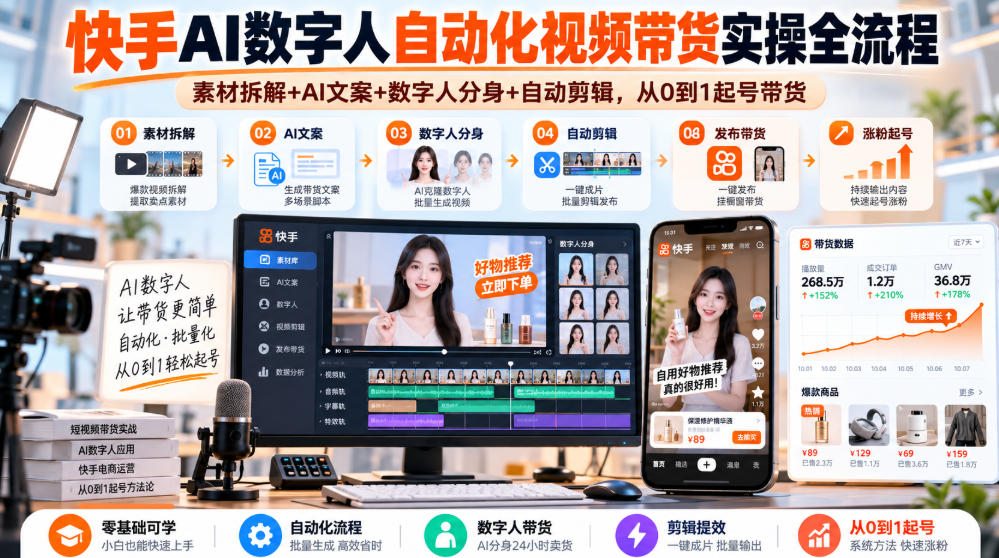 快手AI数字人自动化视频带货实操全流程|素材拆解+AI文案+数字人分身+自动剪辑,从0到1起号带货(更新26年)-91副业网