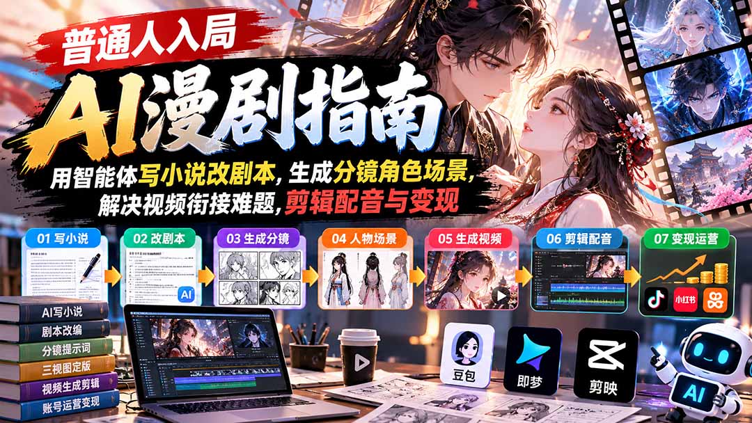 【无水印】普通人入局AI漫剧指南：用智能体写小说改剧本，生成分镜角色场景，解决视频衔接难题，剪辑配音与变现-91副业网