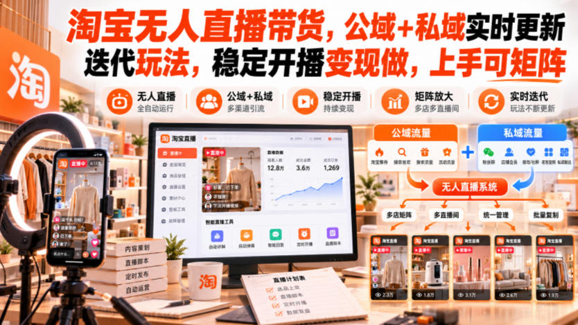 淘宝无人直播带货，公域+私域实时更新迭代玩法，稳定开播变现做，上手可矩阵【揭秘】-91副业网