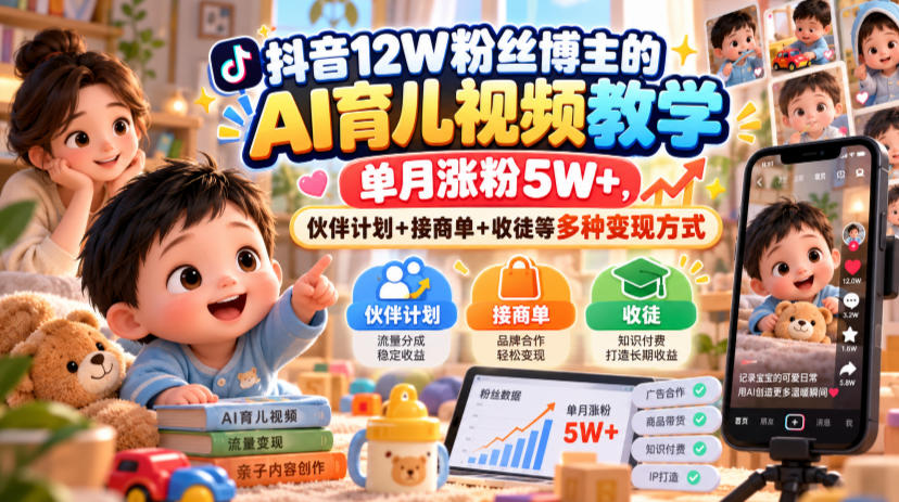 抖音12W粉丝博主的AI育儿视频教学,单月涨粉5W+,伙伴计划+接商单+收徒等多种变现方式-91副业网