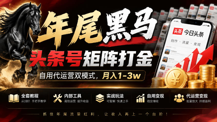 【年尾黑马】头条号矩阵打金，自用代运营双模式，月入1-3w，附全套教程及内部工具【揭秘】-91副业网