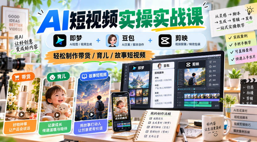 AI短视频实操实战课，即梦+豆包+剪映，轻松制作带货/育儿/故事短视频-91副业网