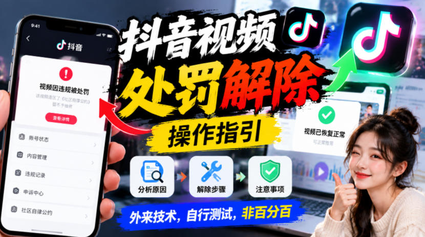 抖音视频处罚解除操作指引，外来技术，自行测试，非百分百-91副业网