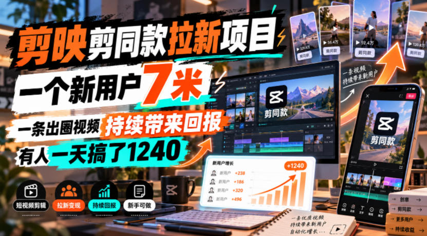 剪映剪同款拉新项目，一个新用户7米，一条出圈视频持续带来回报，有人一天搞了1240-91副业网