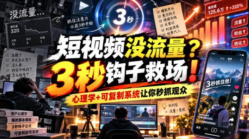 【无水印】短视频没流量？3秒钩子救场！心理学+可复制系统让你秒抓观众【原创双语字幕】-91副业网