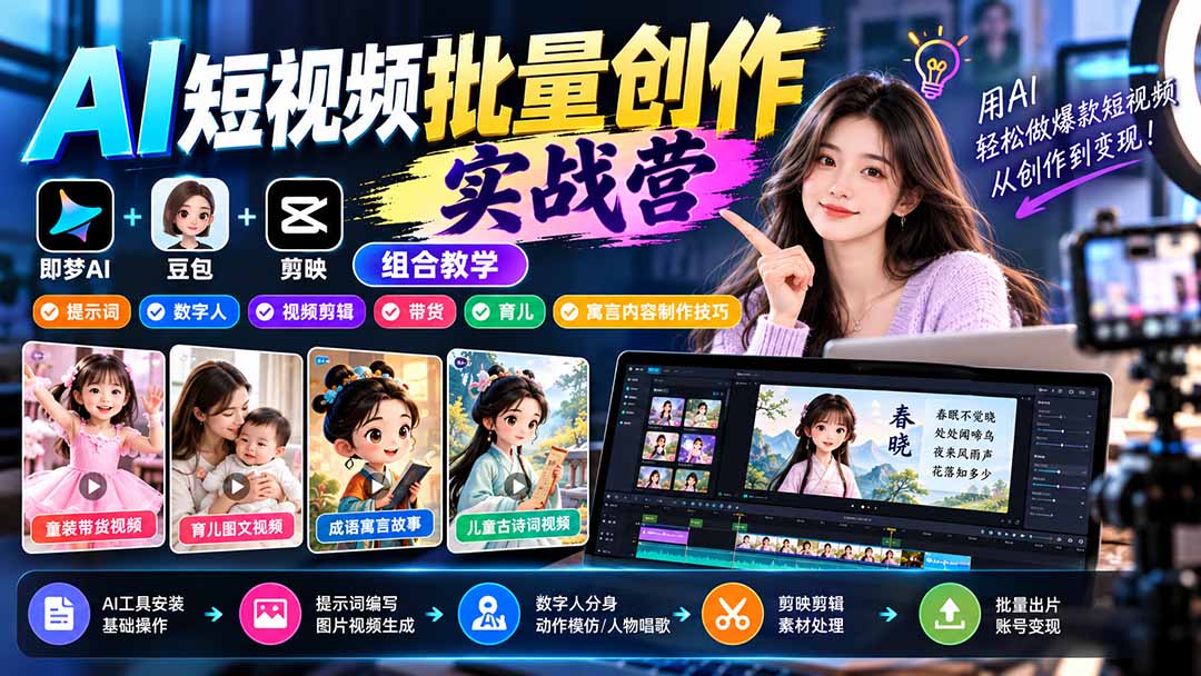 【无水印】AI短视频批量创作实战营：即梦+豆包+剪映组合教学，提示词/数字人/视频剪辑/带货/育儿/寓言内容制作技巧-91副业网