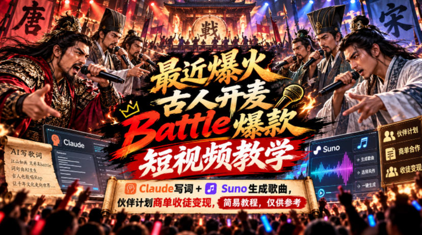 最近爆火古人开麦Battle爆款短视频教学,Claude写词+Suno生成歌曲,伙伴计划商单收徒变现,简易教程,仅供参考-91副业网