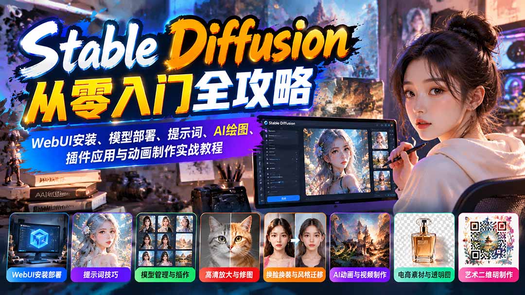 Stable Diffusion从零入门全攻略：WebUI安装、模型部署、提示词、AI绘图、插件应用与动画制作实战教程-91副业网