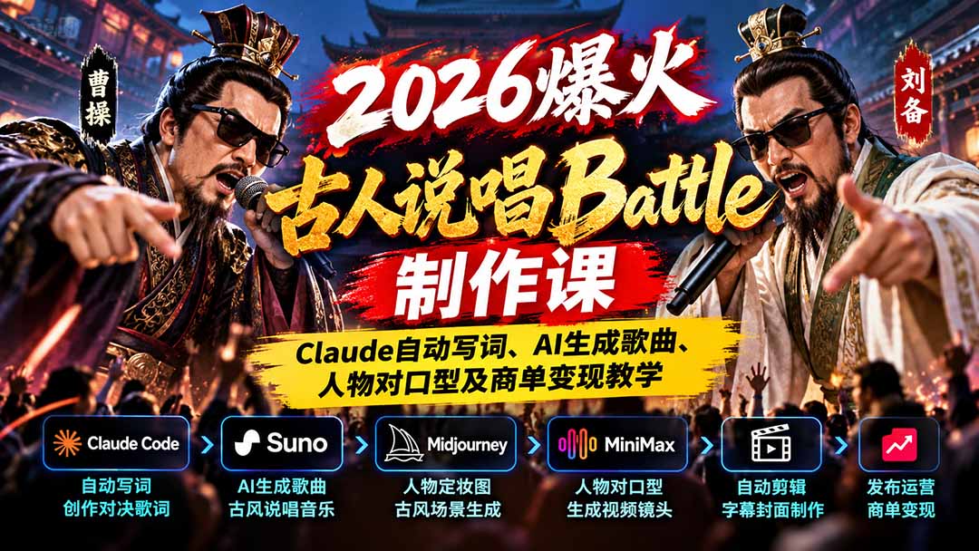 2026爆火古人说唱Battle制作课：Claude自动写词、AI生成歌曲、人物对口型及商单变现教学-91副业网
