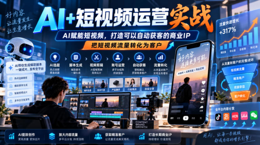 AI+短视频运营实战,AI赋能短视频,打造可以自动获客的商业IP,把短视频流量转化为客户-91副业网