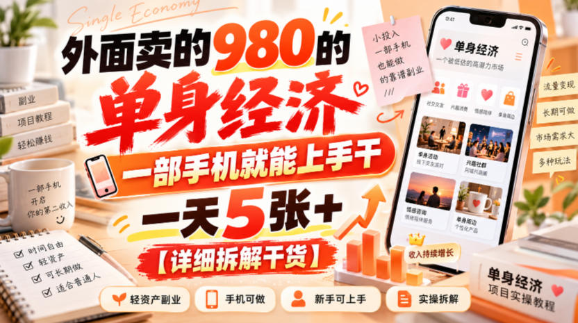 外面卖的980的单身经济,一部手机就能上手干,一天5张+【详细拆解干货】-91副业网
