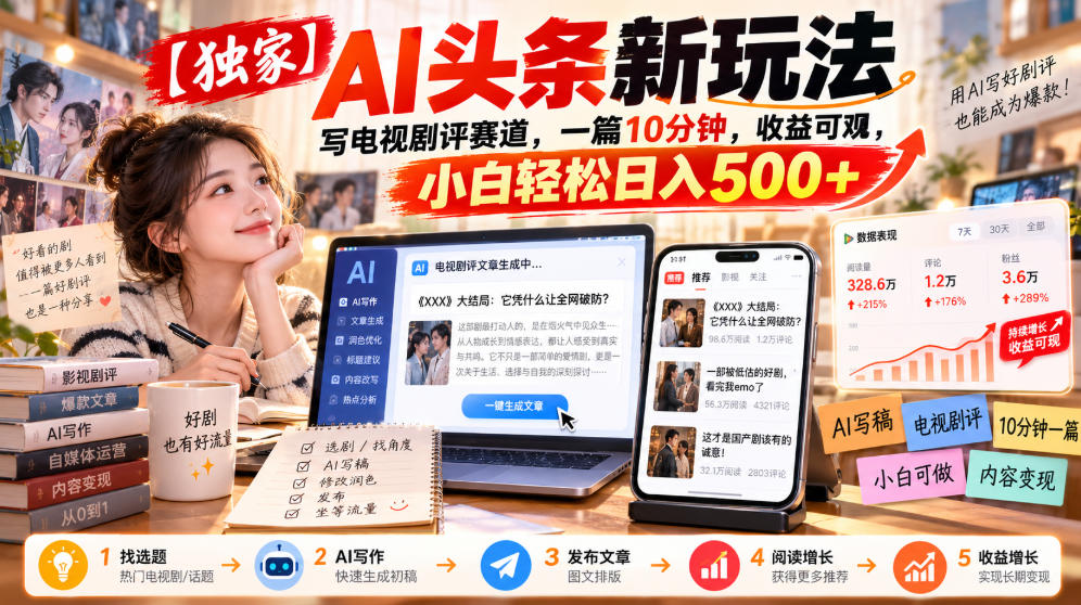 【独家】AI头条新玩法,写电视剧评赛道,一篇10分钟,收益可观,小白轻松日入500+-91副业网