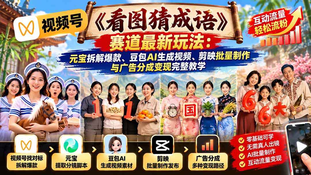 视频号《看图猜成语》赛道最新玩法：元宝拆解爆款、豆包AI生成视频、剪映批量制作与广告分成变现完整教学-91副业网