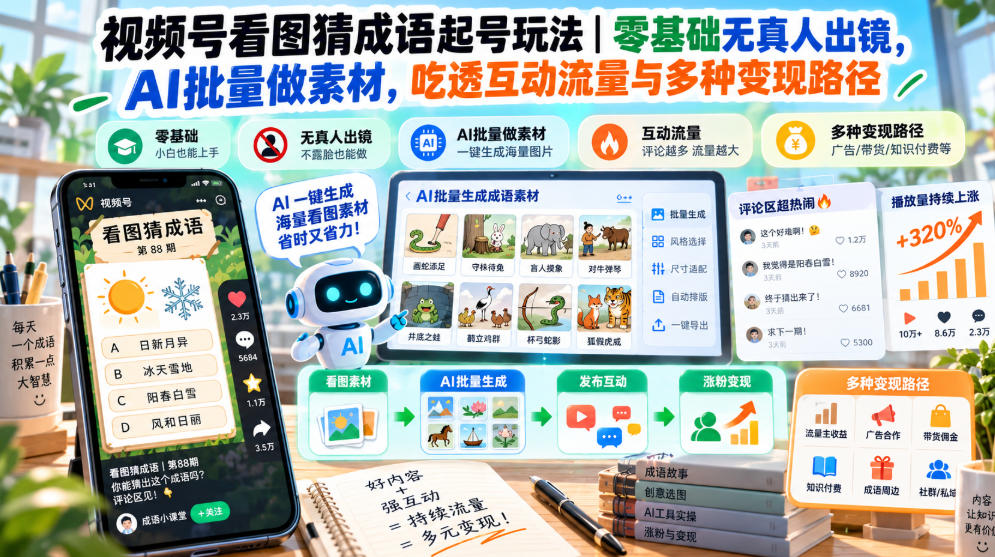 视频号看图猜成语起号玩法|零基础无真人出镜,AI批量做素材,吃透互动流量与多种变现路径-91副业网